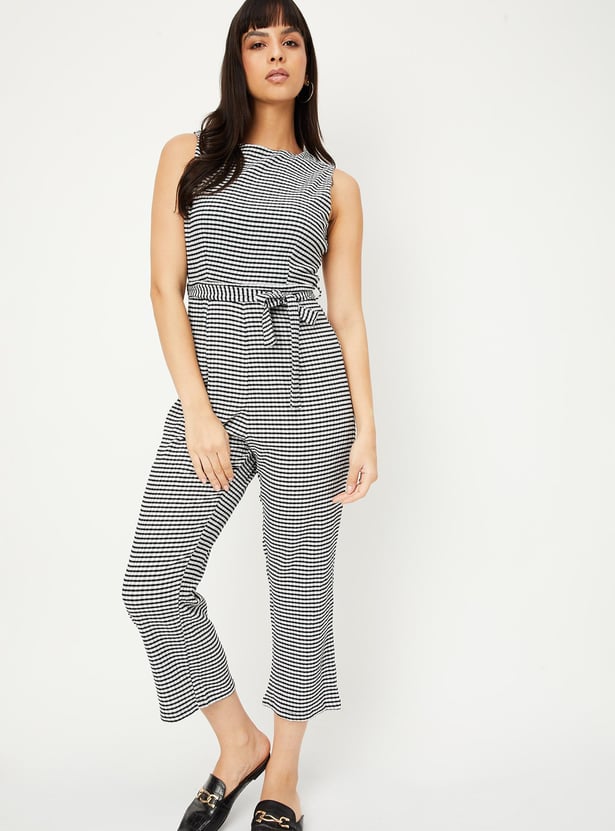 Women Gingham Checked Belted Jumpsuit