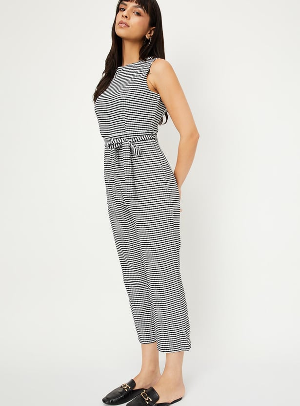 Women Gingham Checked Belted Jumpsuit