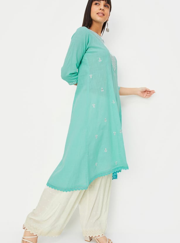 Blue Embroidered A-Line Kurta