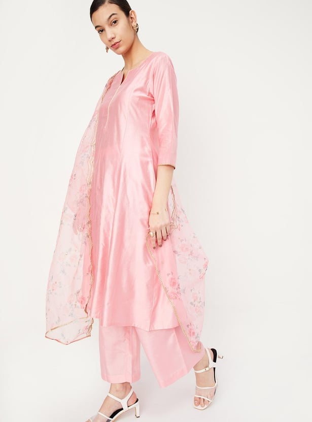 Women's Solid Cream Straight Kurta Set with Dupatta