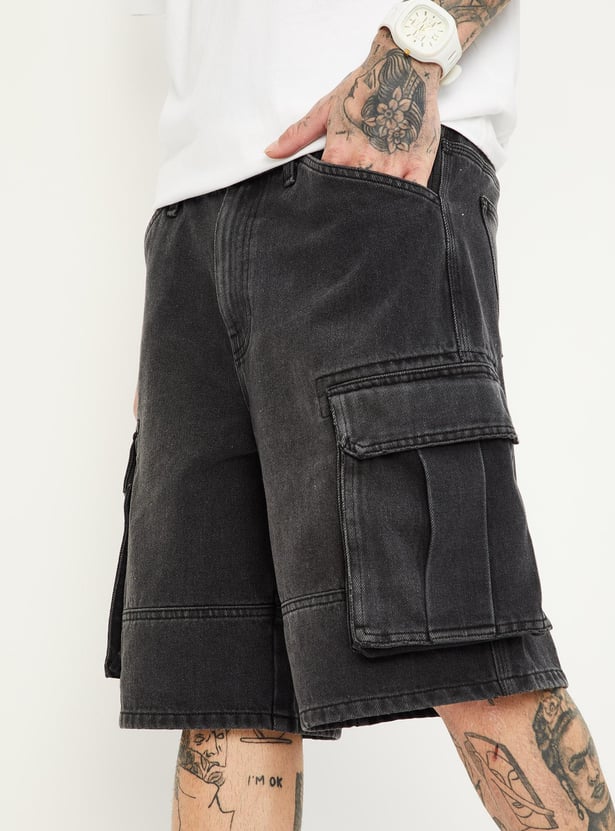 Men Washed Denim Shorts with Cargo Pockets