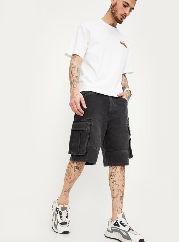 Men Washed Denim Shorts with Cargo Pockets