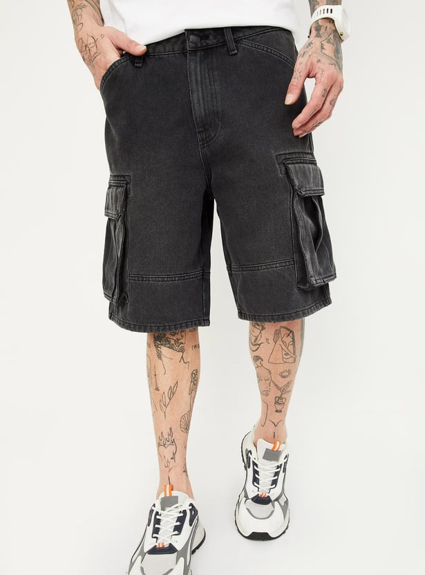 Men Washed Denim Shorts with Cargo Pockets