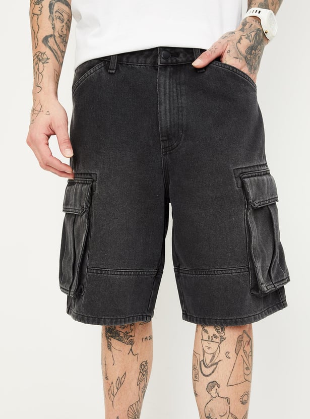 Men Washed Denim Shorts with Cargo Pockets