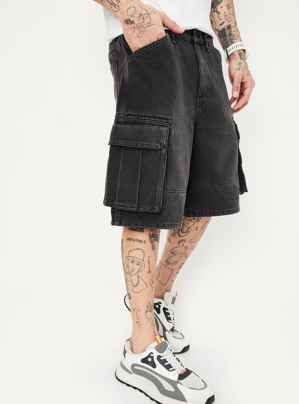 Men Washed Denim Shorts with Cargo Pockets