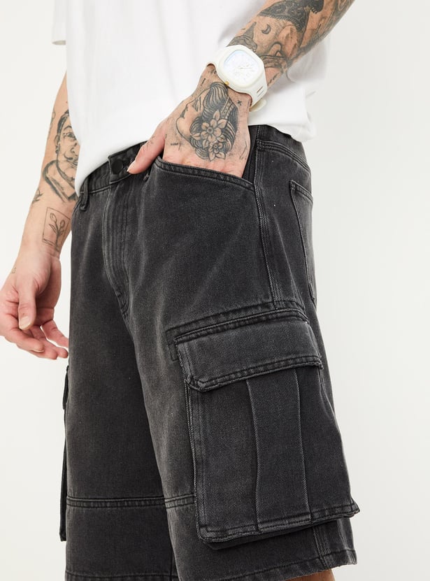 Men Washed Denim Shorts with Cargo Pockets