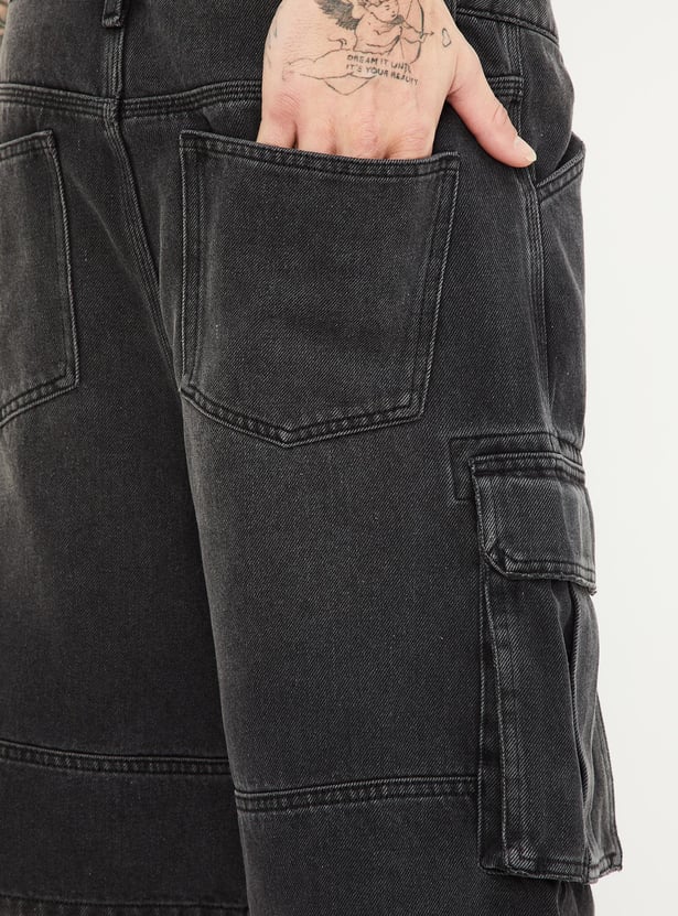 Men Washed Denim Shorts with Cargo Pockets