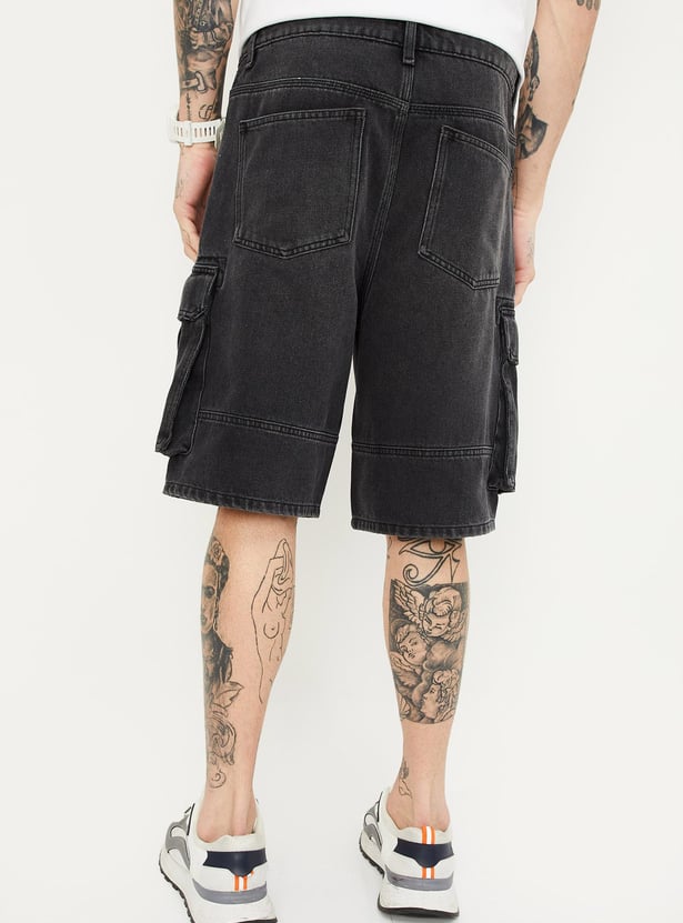 Men Washed Denim Shorts with Cargo Pockets