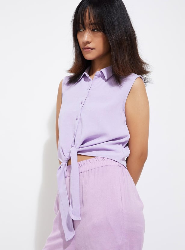 URB_N Women Solid Knotted Hem Shirt