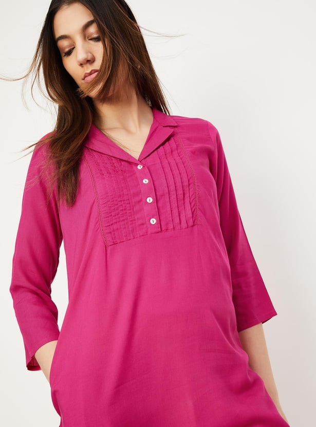 Women Pintuck Yoke Notched Collar Kurta