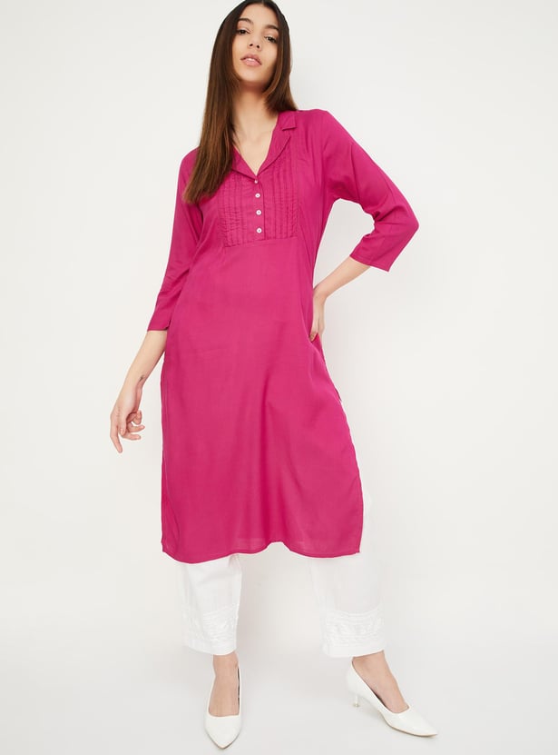 Women Pintuck Yoke Notched Collar Kurta