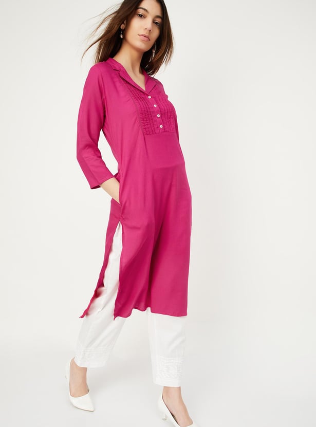 Women Pintuck Yoke Notched Collar Kurta