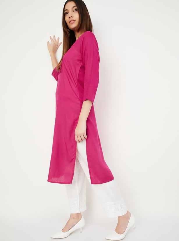 Women Pintuck Yoke Notched Collar Kurta