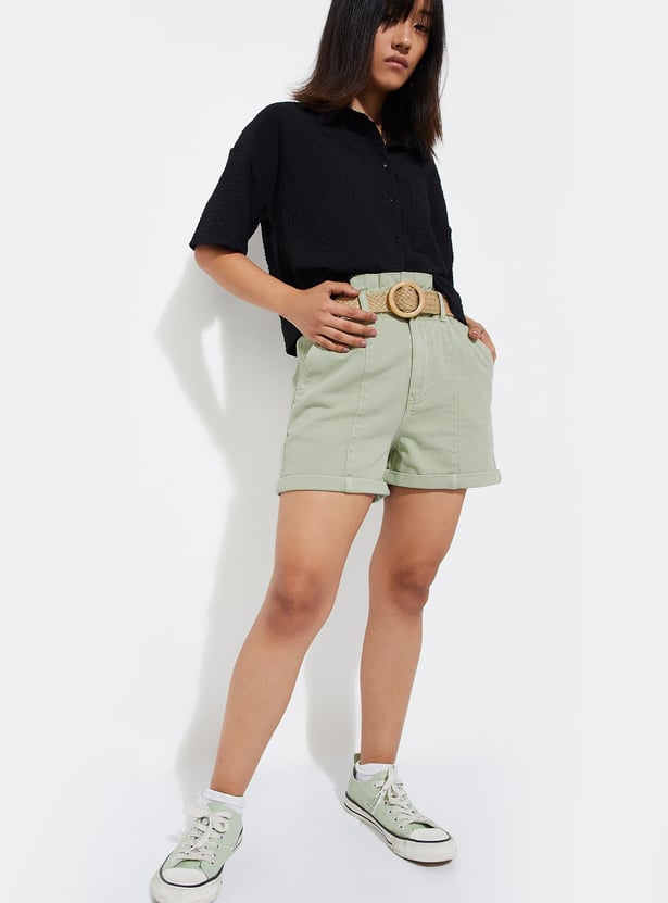 URB_N Women Solid Paperbag Waist Shorts