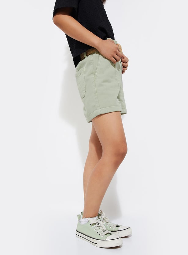 URB_N Women Solid Paperbag Waist Shorts