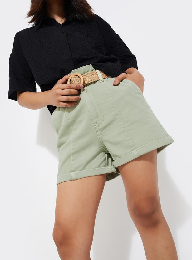 URB_N Women Solid Paperbag Waist Shorts