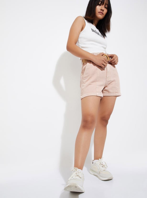 URB_N Women Solid Paperbag Waist Shorts