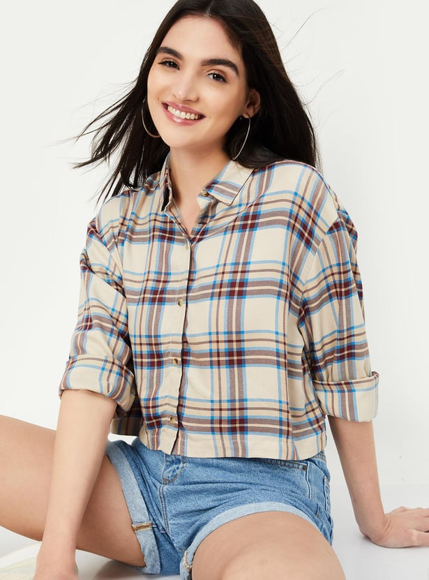 Women Checked Cropped Shirt