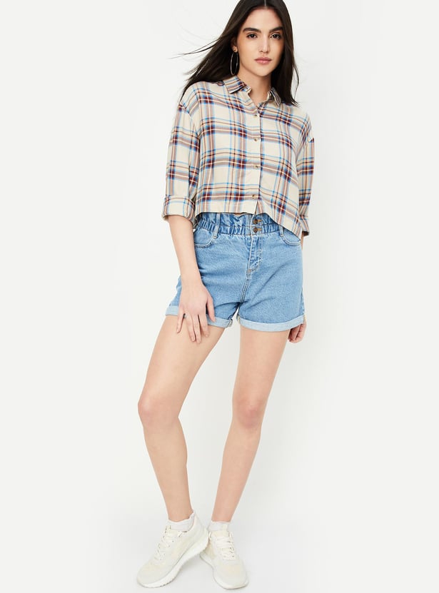 Women Checked Cropped Shirt