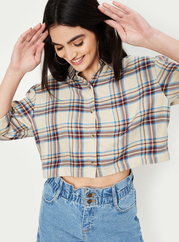 Women Checked Cropped Shirt