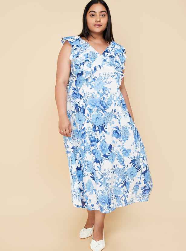Ruffled Tie-Front Knit & Printed Midi Dress main image 0