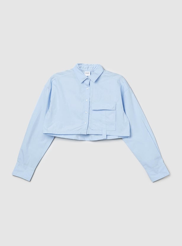 Girls Solid Flap Pocket Cropped Shirt