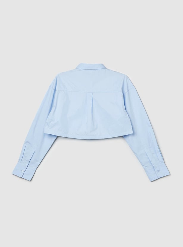 Girls Solid Flap Pocket Cropped Shirt