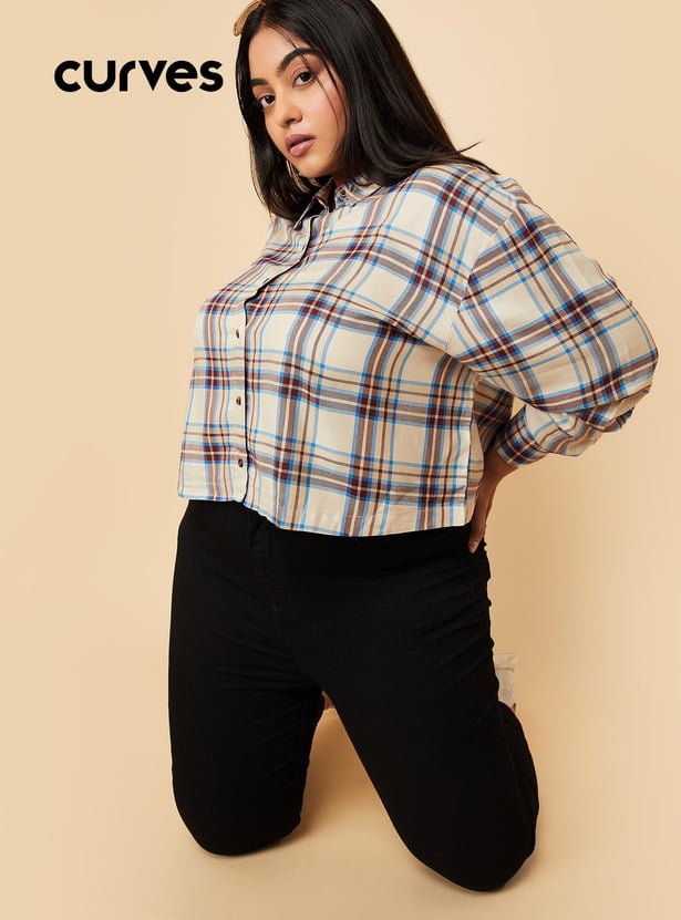 Women Checked Yarn Dyed Cropped Shirt
