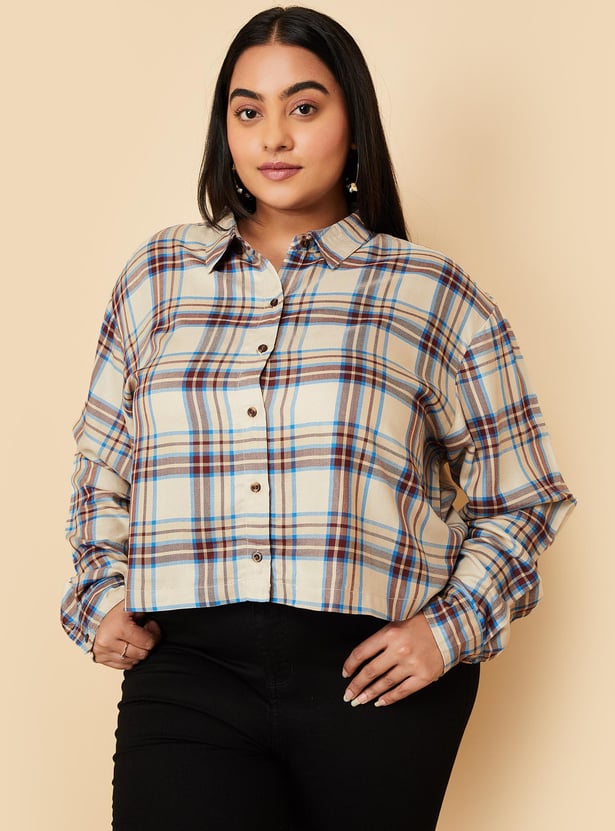 Women Checked Yarn Dyed Cropped Shirt