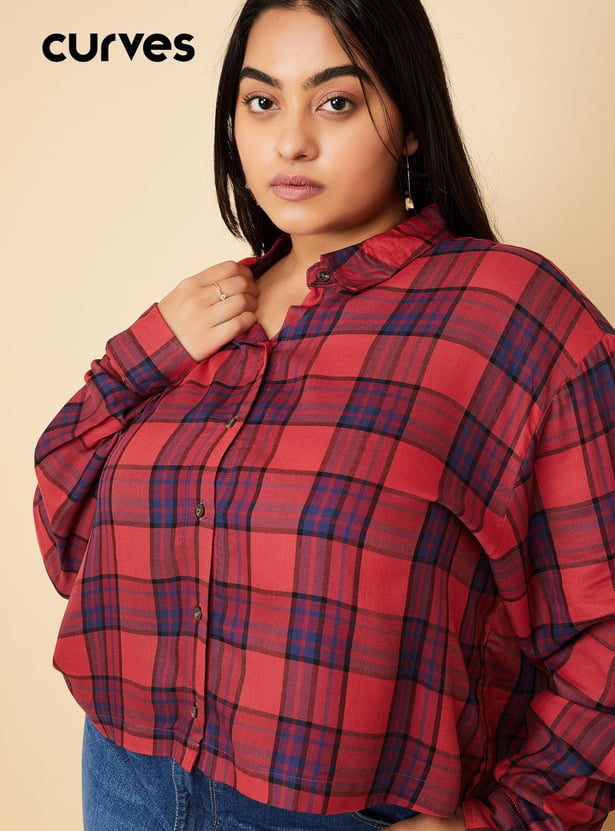 Women Checked Yarn Dyed Cropped Shirt