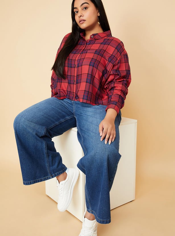 Women Checked Yarn Dyed Cropped Shirt