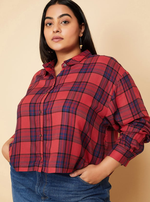 Women Checked Yarn Dyed Cropped Shirt