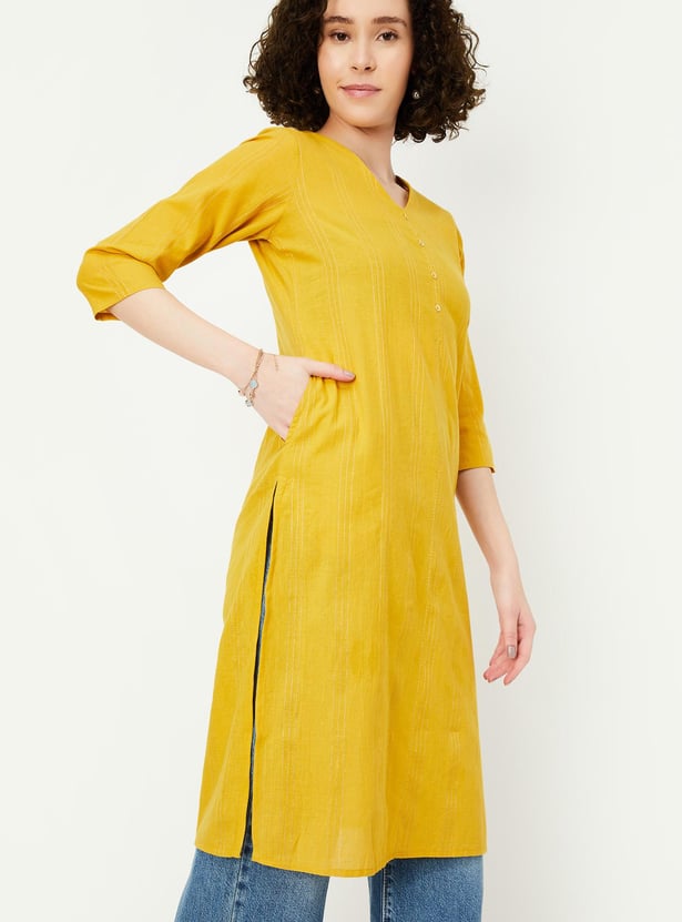 Women's Yellow Striped Straight Kurta