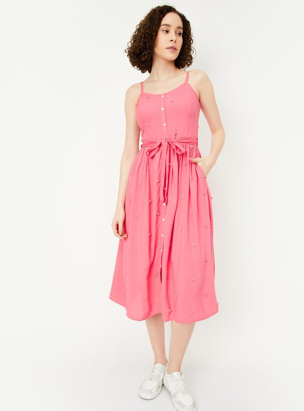 Women 3D Floral Applique Midi Dress