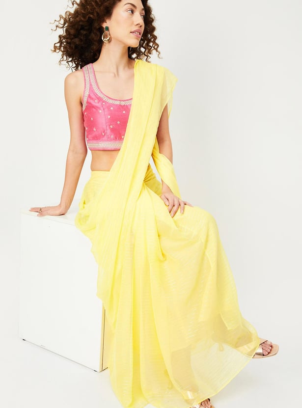 Women Cotton Striped  Ready To Wear Saree With Blouse Piece