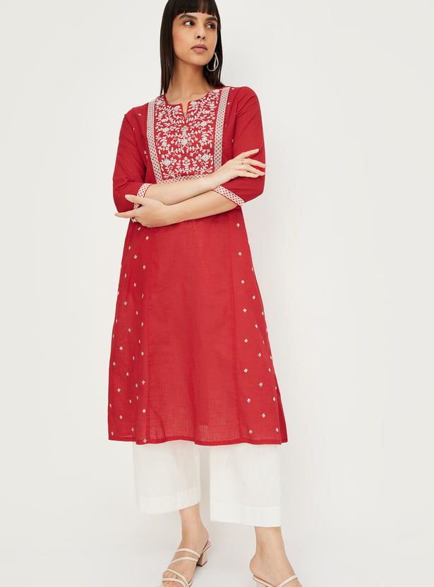 Polyester Embroidered A-line Calf Length Kurta