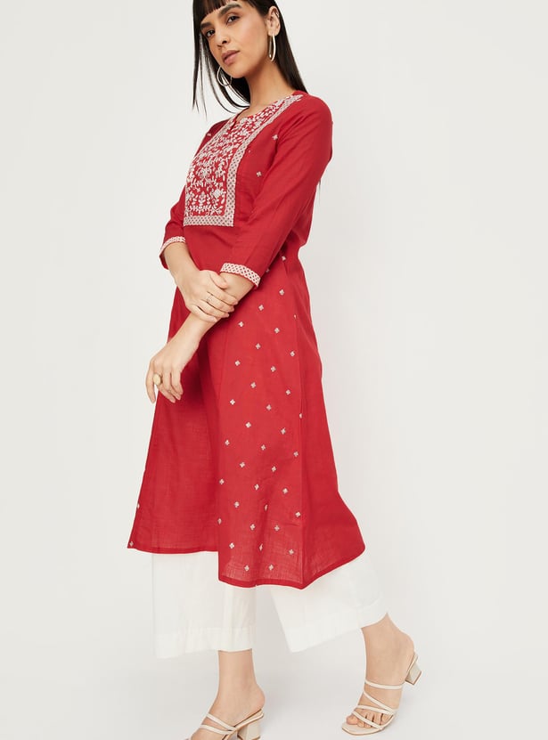 Women Yellow Embroidered A-Line Kurtas