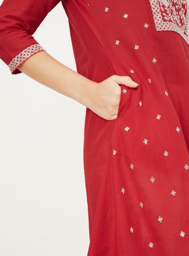 Ishin Women's Red Embroidered Kurta Trouser Dupatta Set - Cotton Blend A-Line Kurta, Bandhani Printed Palazzo, Size Large