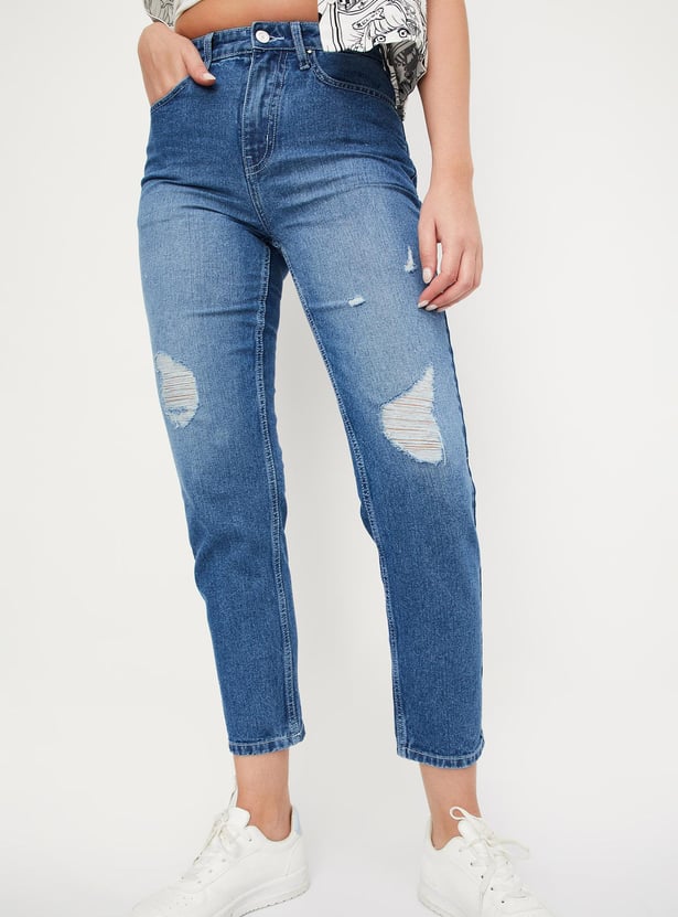 Women Distressed Mom Fit Jeans