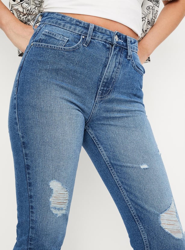 Women Distressed Mom Fit Jeans