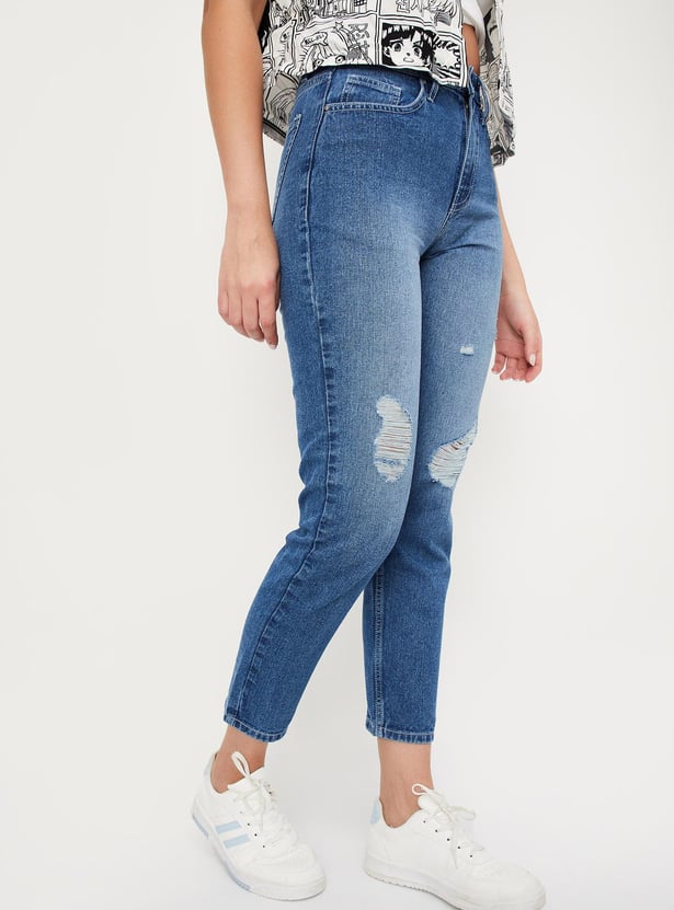 Women Distressed Mom Fit Jeans