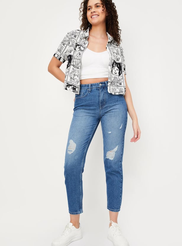 Women Distressed Mom Fit Jeans