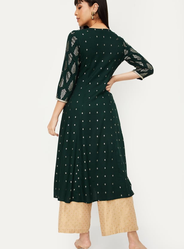 Women Blue Foil Printed A-Line Kurta