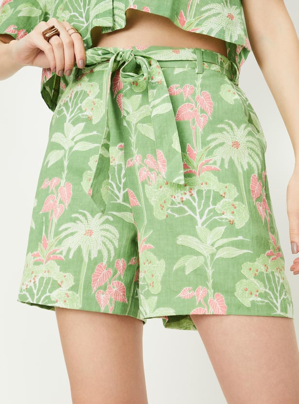 Women Printed Tie-Up Belt Shorts