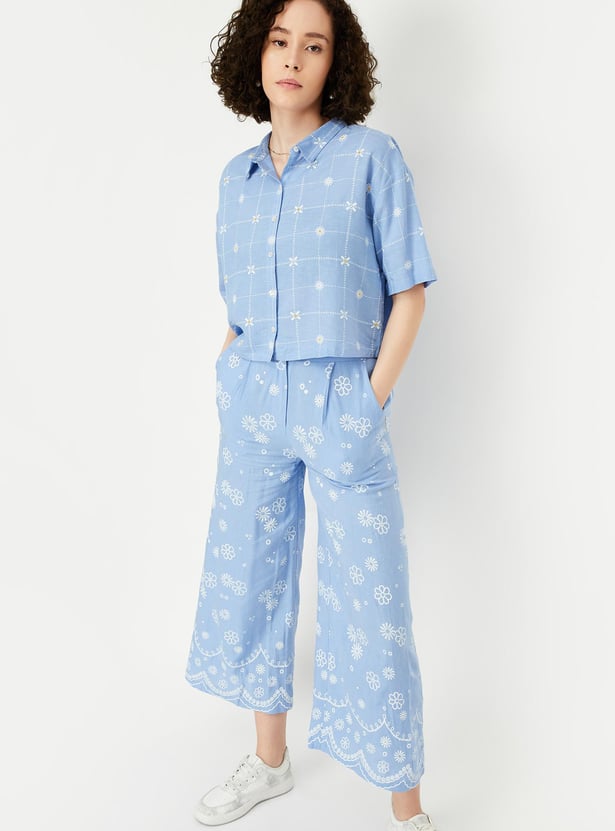 Blue Embroidered Boxy Fit Shirt