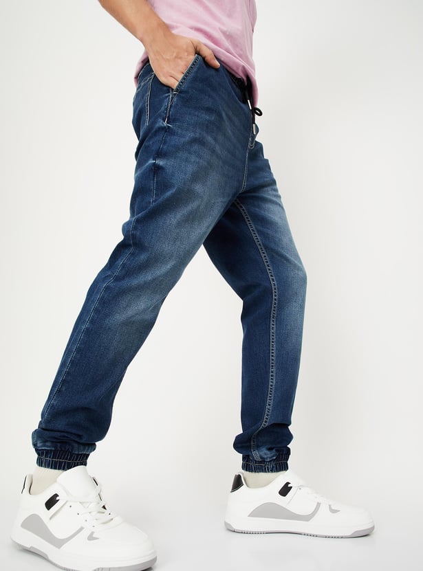 Men Carrot Fit Washed Denim Joggers