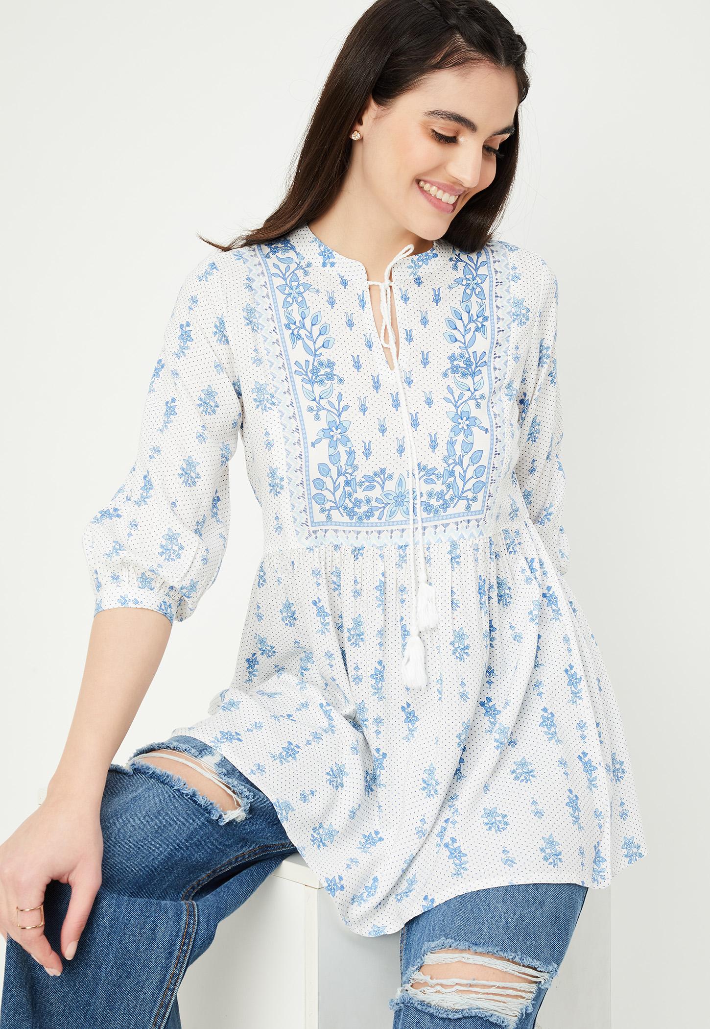 Women Printed Tie-Up Neck Tunic-image-30